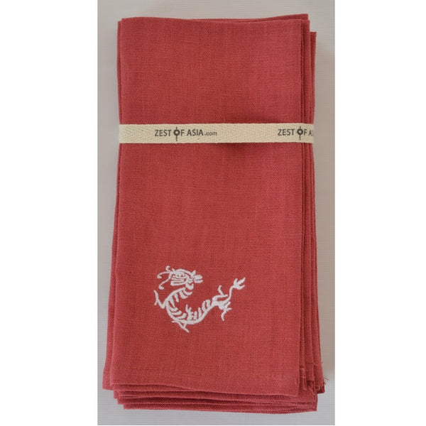 Red Linen Napkin with Dragon - Set of 4