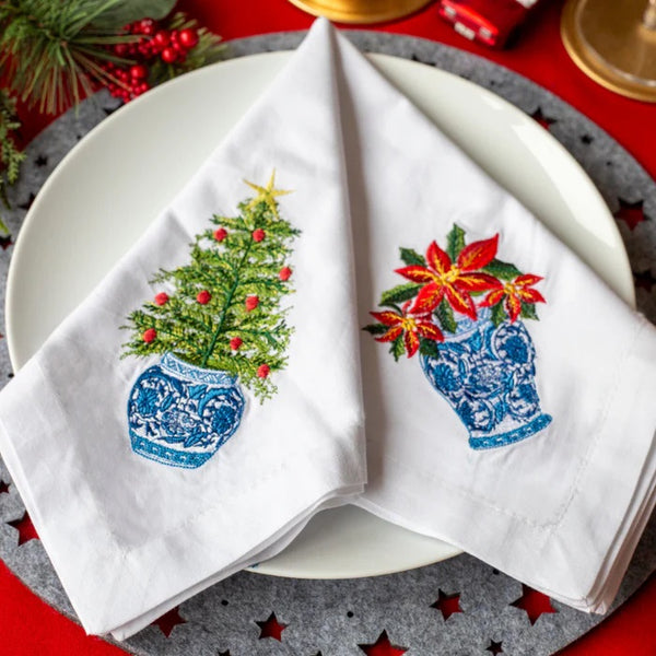 100% COTTON NAPKIN 4PC SET: Embroidered Christmas Chinoiserie