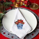 100% COTTON NAPKIN 4PC SET: Embroidered Christmas Chinoiserie