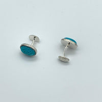 Oval turquoise carved flower grid cufflinks, sterling silver (CF056)